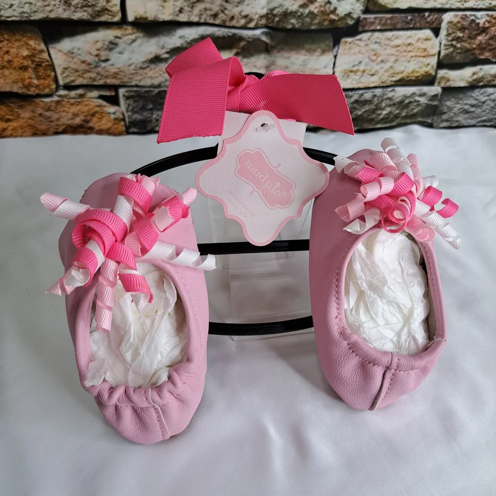 'MUD PIE' LEATHER SLIP-ON SHOES BABY GIFT SET CURLY GROSGRAIN ACC. ROUND TOE